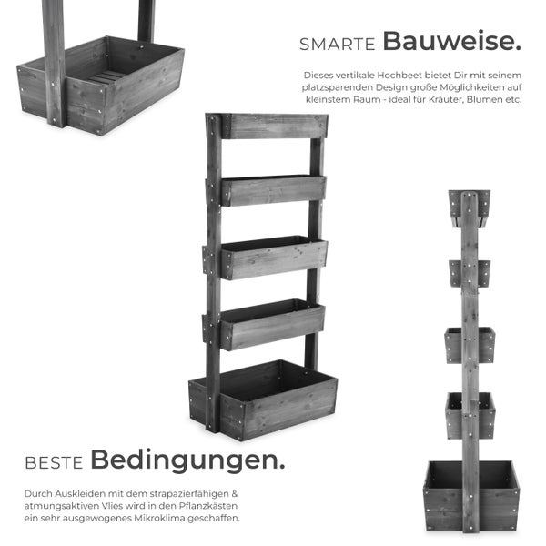 Vertikales Hochbeet aus Holz mit fünf Pflanzkästen für Kräuter und Blumen in platzsparender Bauweise.