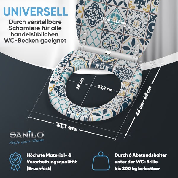 Universeller bruchfester WC-Sitz, Fliesenmuster, verstellbare Scharniere, 37,7 mal 46 bis 48 Zentimeter, belastbar bis 200 Kilogramm.