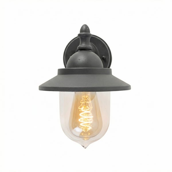 Klassische Außenwandleuchte aus dunklem Metall mit klarem Glasschirm und sichtbarem LED-Leuchtmittel in Wendelform.