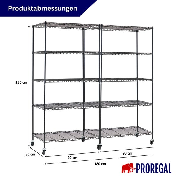 Produktabmessungen Drahtregal auf Rollen: Höhe 180 Zentimeter, Breite 180 Zentimeter, Tiefe 60 Zentimeter. Proregal Logo.