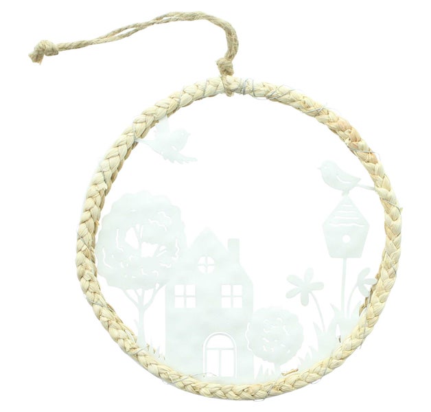 FRANK FLECHTWAREN | Hänger Haus mit Garten, METALL, SEEGRAS, JUTE, 18,5 x 1,5 x 18,5 cm