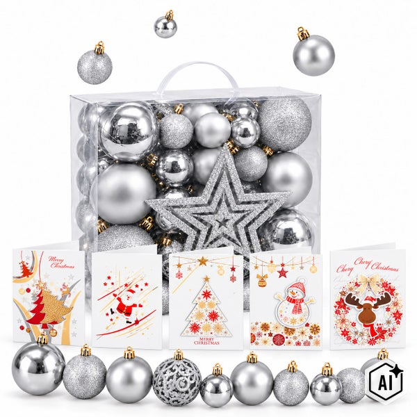 Set mit silbernen Weihnachtskugeln in verschiedenen Oberflächen, inklusive eines glitzernden Sterns im durchsichtigen Aufbewahrungskoffer.