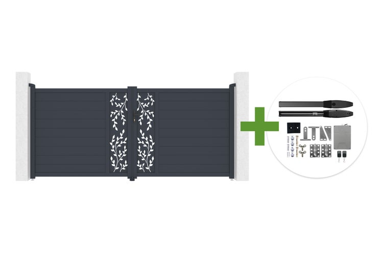 Zweiflügeliges Einfahrtstor aus Aluminium mit dekorativen Blattmustern inklusive elektrischem Torantrieb und Montagematerial.