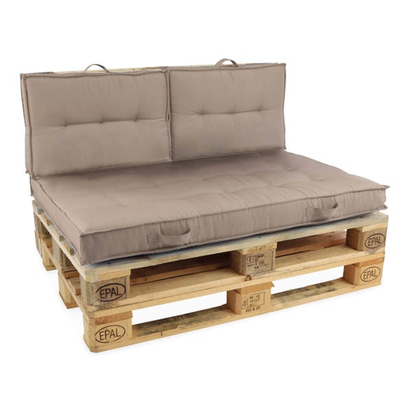 Rechteckiges graues Palettenkissen mit Steppung und zwei Tragegriffen.