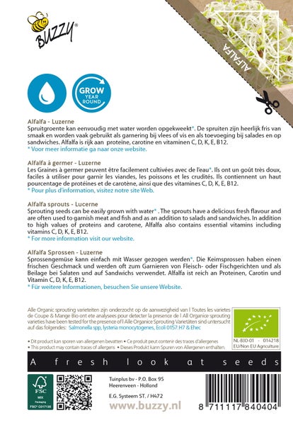 Buzzy Logo, Alfalfa Sprossenpackung mit Grow Year Round Symbol und FSC Mix Verpackungssiegel