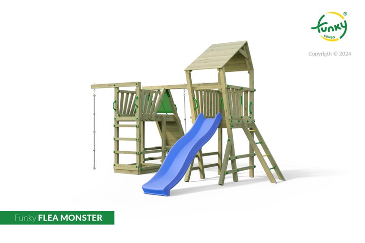 Spielturm Funky FLEA MONSTER aus Holz mit blauer Rutsche, Kletterwand, Leiter und Seil.