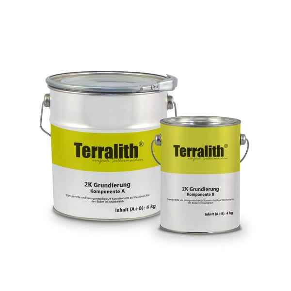 Terralith 2-Komponenten Grundierung für Innenböden, bestehend aus Komponente A und Komponente B in Metallbehältern, Gesamtinhalt 4 Kilogramm.