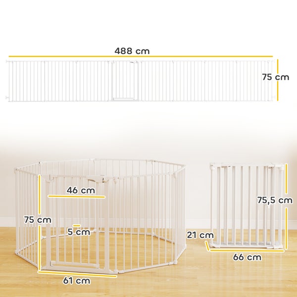 Modulares Absperrgitter und Laufstall mit Maßen: Länge 488 Zentimeter, Höhe 75 Zentimeter, zusammengeklappt 66 mal 75,5 mal 21 Zentimeter.