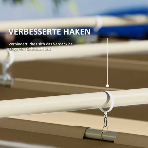 Detailansicht einer Pergola mit verbesserten Haken zur stabilen Befestigung des Stoffdachs an den Führungsstangen.