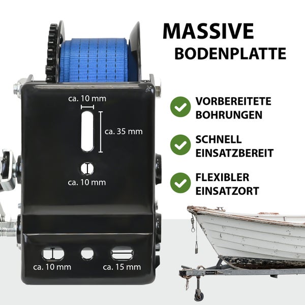 Detailansicht einer Bootswinde mit massiver Bodenplatte und vorbereiteten Bohrungen für flexiblen Einsatz