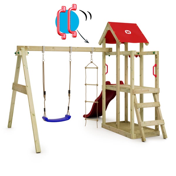 WICKEY Spielturm Klettergerüst TinyPlace mit Schaukel und Rutsche, Kletterturm mit Sandkasten, Leiter und Spiel-Zubehör - rot