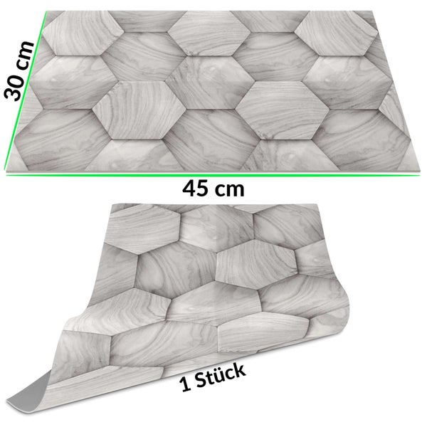 Selbstklebende Wandfliese mit dreidimensionalem Effekt und hexagonalem Holzmuster, Maße 45 mal 30 Zentimeter, ein Stück.