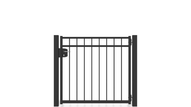 Gartentor ZAUNGURU BASIC-Linie Oldenburg aus Metall, Höhe: 123cm, Breite: 150cm, 1-flügelig inkl. Pfosten, Schloss und Zubehör, Feuerverzinkt und zusätzlich in RAL 7016 Anthrazitgrau pulverbeschichtet