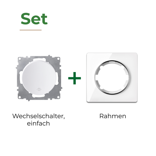 Set bestehend aus Wechselschalter und Abdeckrahmen für die Elektroinstallation.