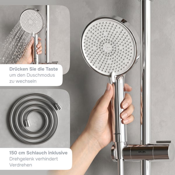 Duschset von AM PM mit Handbrause, Schlauch mit 150 Zentimeter Länge und Duschstange. Die Handbrause hat einen Knopf zur Strahlartenumstellung.