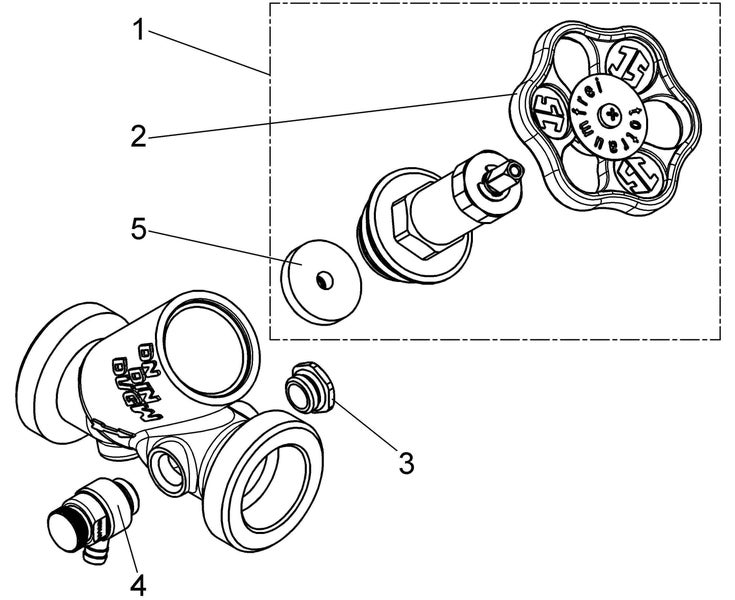 Technische Zeichnung eines Freistromventils mit Explosionsdarstellung der Einzelteile wie Handrad, Ventiloberteil und Entleerungsventil.