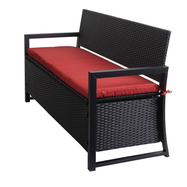 Gartenbank aus schwarzem Polyrattan mit Stauraum und roter Sitzauflage.