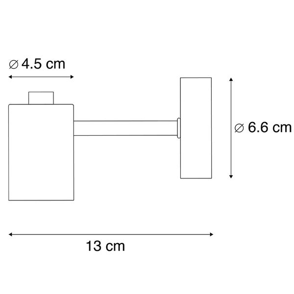 Technische Zeichnung einer Wandleuchte mit den Maßen 13 cm Länge, 4,5 cm Durchmesser und 6,6 cm Höhe.
