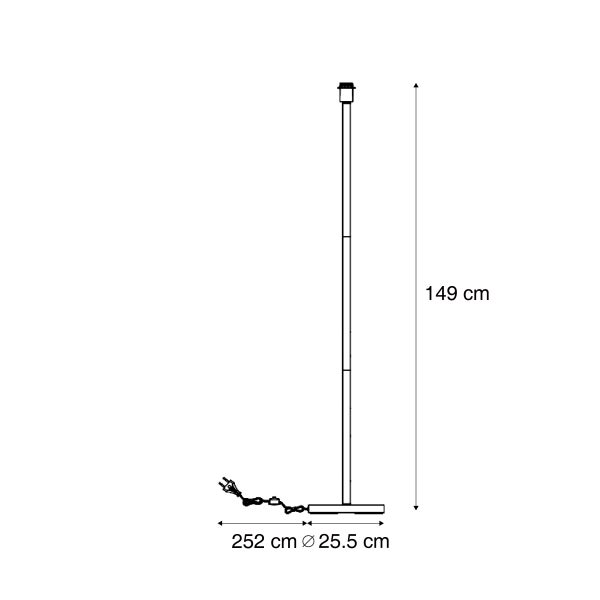 Strichzeichnung einer Stehleuchte mit den Maßen 149 cm Höhe, 25,5 cm Durchmesser und 252 cm Kabellänge.