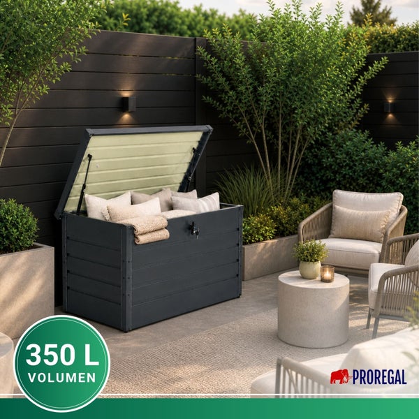 Gartenbox aus Metall, Anthrazit, 350 Liter Volumen, geöffnet auf einer Terrasse mit Kissen gefüllt. PROREGAL Logo.