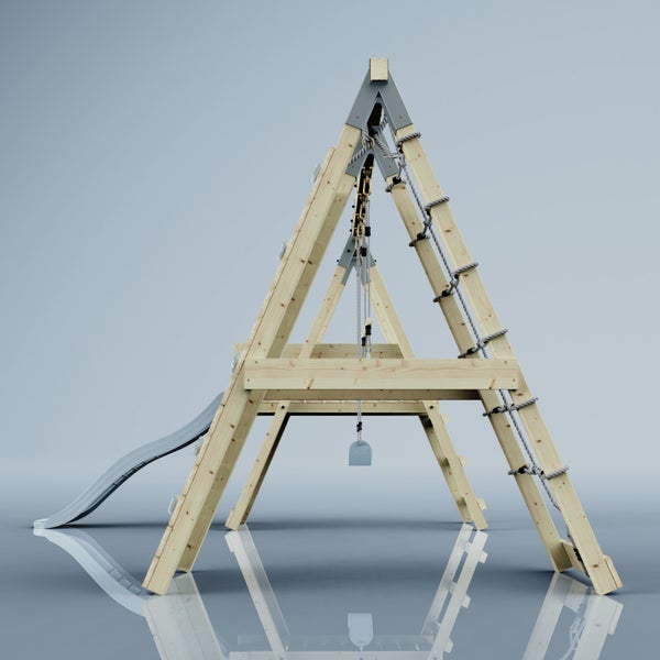 Klettergerüst aus Holz mit Rutsche, Strickleiter, Kletterwand und Seilzug mit Eimer.