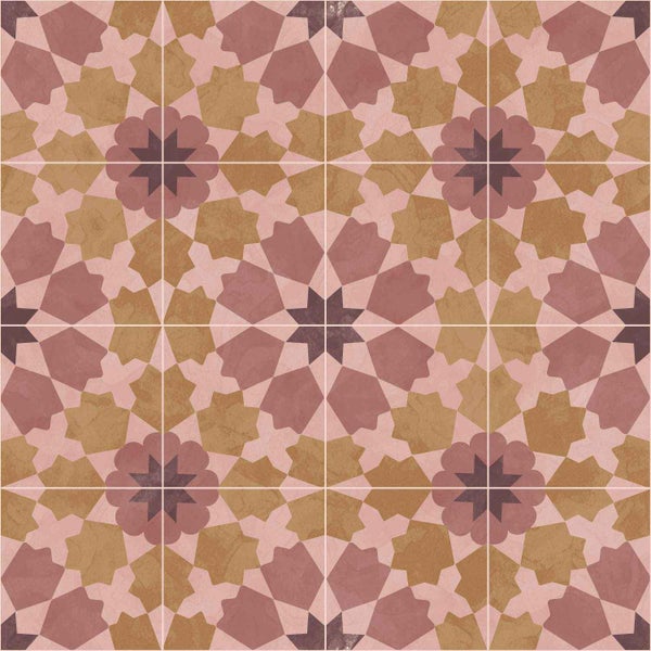 Quadratische Fliesen mit einem symmetrischen, geometrischen Muster im orientalischen Stil mit Sternen und Kreuzen.