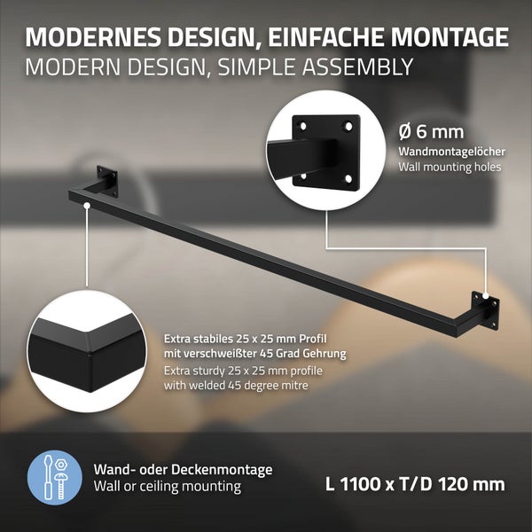 ML-Design Kleiderstange Rechteck für die Wand, T12cm x B110cm, Schwarz, aus Stahl, rostfrei, Garderobenstange U-Form, Kleiderständer Wandmontage, Kleidergestell Garderobenhalter, inkl. Montagematerial