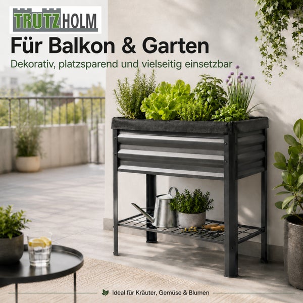 Trutzholm Hochbeet aus Metall mit Ablagefläche für Balkon und Garten, bepflanzt mit Kräutern und Gemüse.