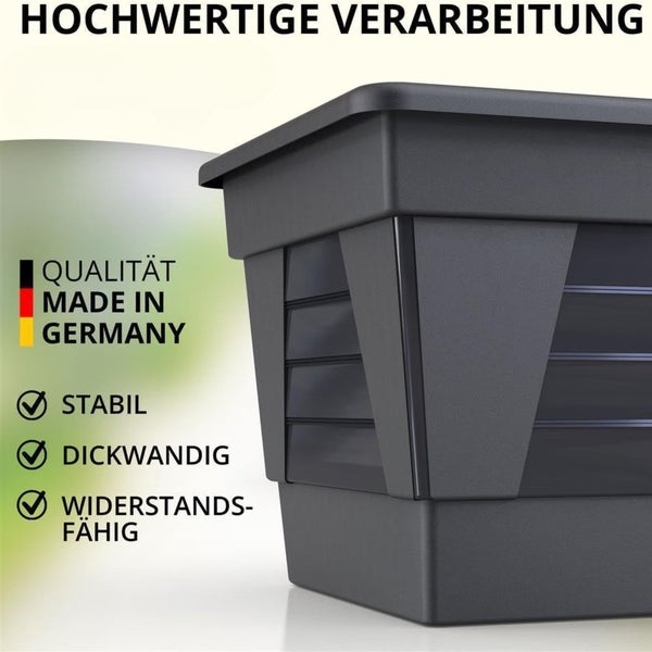 Stabiler und dickwandiger Pflanzkübel aus Kunststoff mit Hinweis auf hochwertige Verarbeitung und Herstellung in Deutschland.