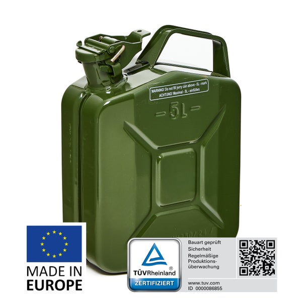 BW® Kraftstoffkanister Metall Benzinkanister 5 Liter - Olivgrün - RAL 6003 - TÜV-geprüft und UN-Zulassung - Made in Europe