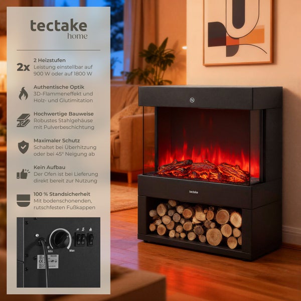 Elektrokamin mit Flammeneffekt, zwei Heizstufen, Stahlgehäuse und Holzimitat