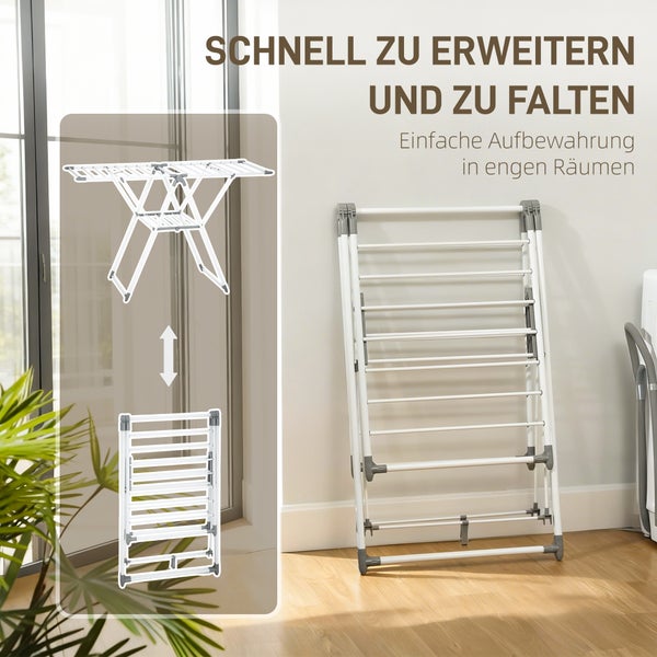 Weißer faltbarer Wäscheständer, dargestellt im zusammengeklappten Zustand an einer Wand und im offenen Zustand in einem Diagramm.