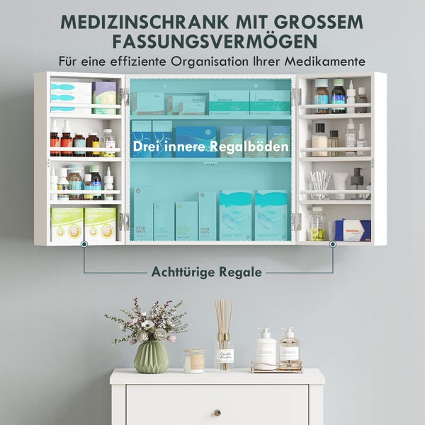 Offener weißer Medizinschrank an der Wand mit drei inneren Regalböden und acht Türfächern, gefüllt mit Medikamenten für eine effiziente Organisation.