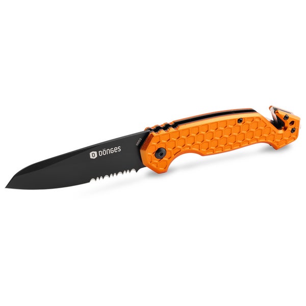 Dönges Rettungsmesser mit schwarzer Klinge, Wellenschliff und orangefarbenem Griff in Wabenoptik inklusive Gurtschneider und Glasbrecher.