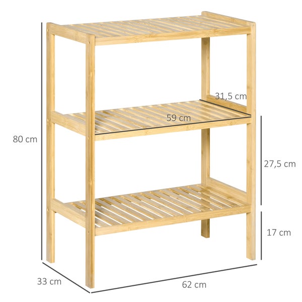 HOMCOM Badregal Standregal mit 3 Ebenen, Bambusregal, Küchenregal, für Bad, Küche, Wohnzimmer, Flur, Natur, 62 x 33 x 80 cm