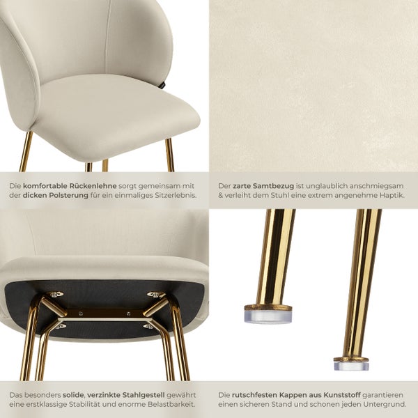 Barstuhl tectake Luana 51 x 60 x 106 cm, Belastbarkeit 120 kg in Samtoptik, gepolstert creme/gold