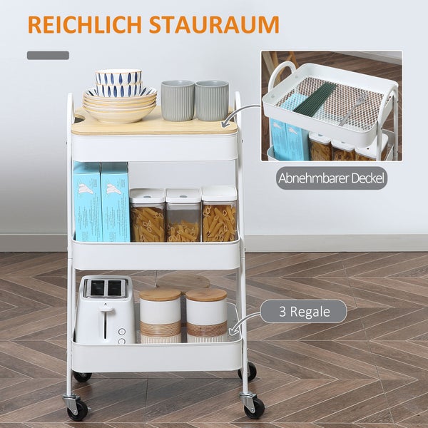 HOMCOM Küchenwagen Metallrollwagen 3-Etagen Metall mit großem Stauraum und Deckel für Küchen und Büro Aufbewahrungswagen Servierwagen Küchenregal mit Rollen Stahl Weiß 45 x 31 x 79,4 cm