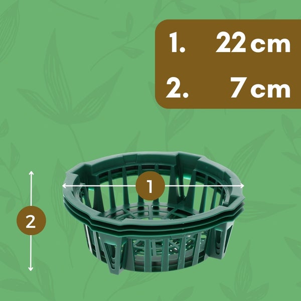 Abbildung der Maße eines grünen Pflanzkorbs: Durchmesser 22 cm, Höhe 7 cm