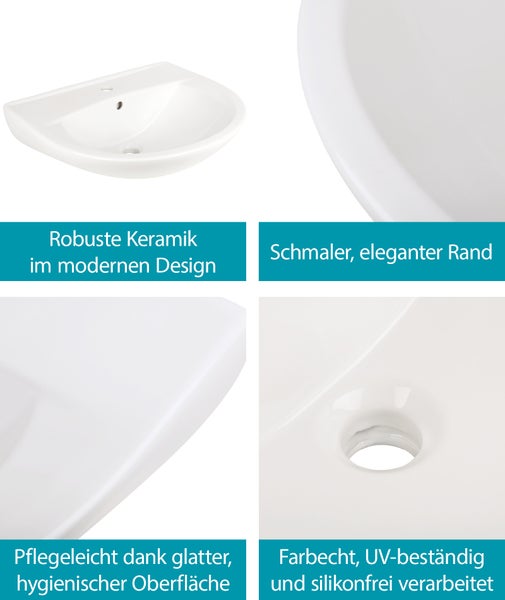 Calmwaters® Waschbecken 60 cm in Weiß, aus hochwertiger Sanitär-Keramik mit Hahnloch und Überlauf zur Wandmontage, ovaler Hänge-Waschtisch Essential 3 aus Keramik, 60 x 48 cm, weiss, 05AB2324