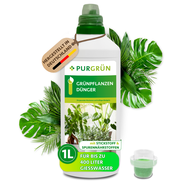 Purgrün Grünpflanzendünger für gesundes Wachstum und kräftiges Blattgrün, Flüssigdünger mit Stickstoff und Spurennährstoffen, 1 Liter Flasche.