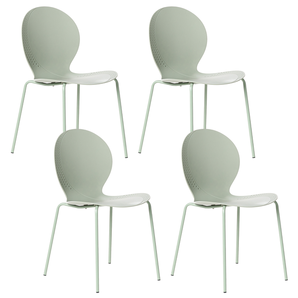 Vier Stühle mit runden Rückenlehnen und Metallbeinen