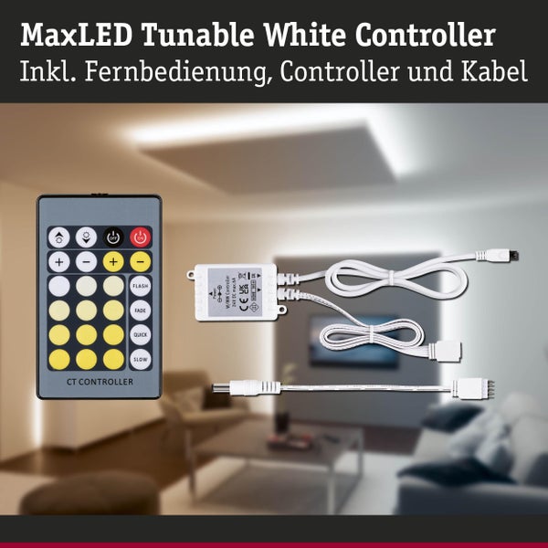 MaxLED Tunable White Controller Set inklusive Fernbedienung, Steuereinheit und Anschlusskabeln für LED-Streifen.