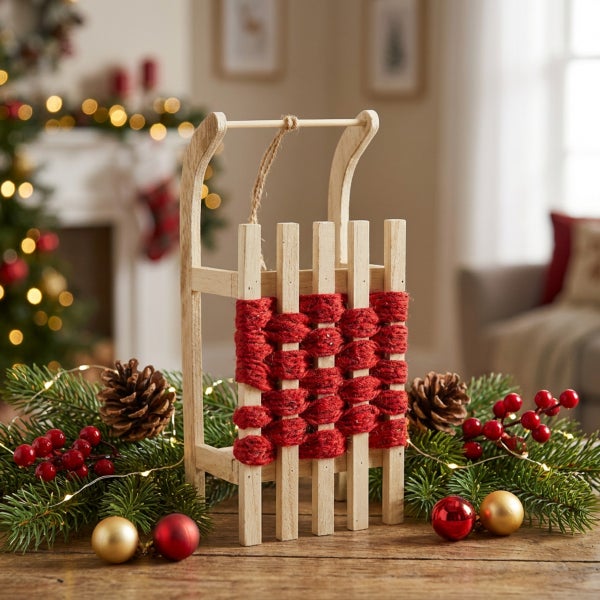 Dekorativer Holzschlitten als Weihnachtsschmuck mit geflochtenem Garn auf einer rustikalen Holzoberfläche mit Tannenzweigen und Weihnachtskugeln.
