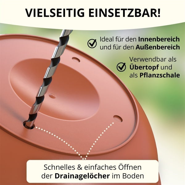 Blumentopf mit Bohrer zum Öffnen der Drainagelöcher, geeignet für den Innen- und Außenbereich, als Übertopf oder Pflanzschale nutzbar.