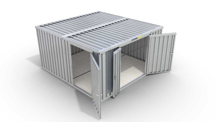 Lagercontainer Gerätehaus XL2  – 21 qm, H2150 x B5080 x T4340 mm, verzinkt, mit Holzfußboden, 1830 mm Doppelflügeltür mittig in Stirnseite und 1270 mm Einflügeltür mittig in Modul C, zerlegt
