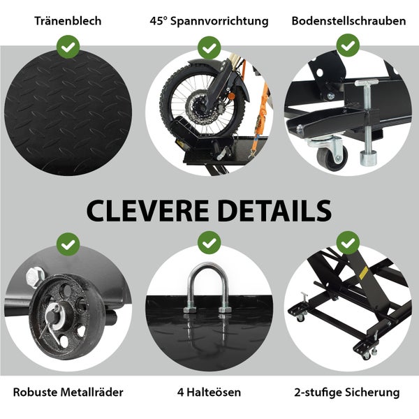 Details der Motorradhebebühne: Riffelblech, 45 Grad Spannvorrichtung, Bodenstellschrauben, robuste Metallräder, vier Halteösen und zweistufige Sicherung