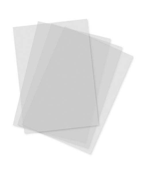 Transparente, rechteckige Kunststoffplatten, gefächert angeordnet.