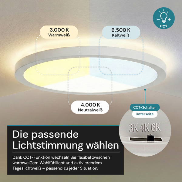 LED-Deckenleuchte mit CCT-Funktion zur Auswahl der Farbtemperatur von warmweiß über neutralweiß bis kaltweiß per Schalter an der Unterseite.