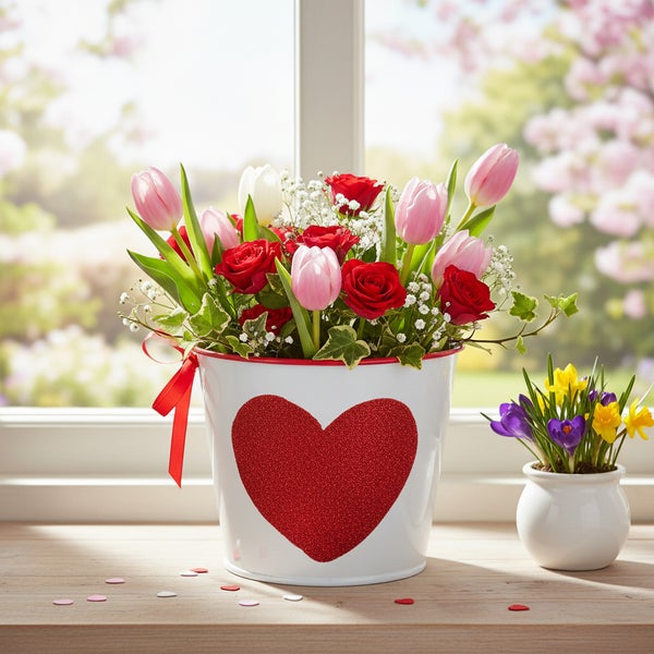 Blumenstrauß mit roten Rosen und rosa Tulpen in einem weißen Eimer mit rotem Herz auf einer Fensterbank.