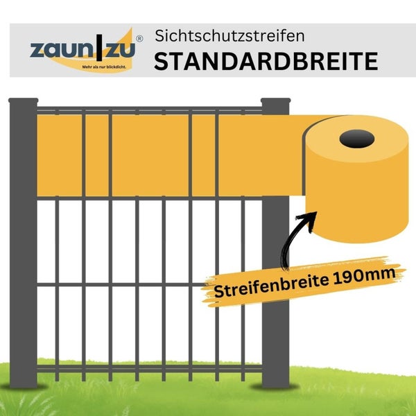 Zaun zu Sichtschutzstreifen in Standardbreite von 190 Millimeter, dargestellt als Rolle an einem Doppelstabmattenzaun.